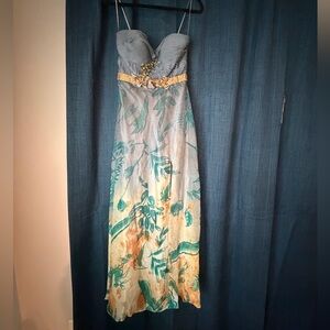 Carrie Bradshaw Sex and the City 2 blue / gold / floral belted prom dress gown
